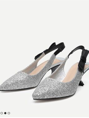 SHEIN Silver Glitter Pointed Slingback Heels with Black Bow